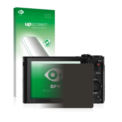 Face avant d’un emballage produit avec le logo de la marque upscreen. À côté, l’appareil Sony Cyber-Shot DSC-HX80 est représen