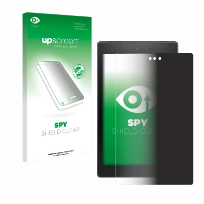 Face avant d’un emballage produit avec le logo de la marque upscreen. À côté, l’appareil Amazon Fire HD 8 2017 est représenté