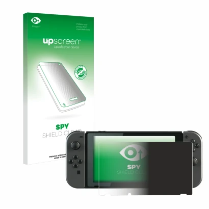 Face avant d’un emballage produit avec le logo de la marque upscreen. À côté, l’appareil Nintendo Switch est représenté avec l