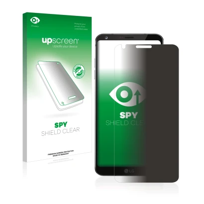 Face avant d’un emballage produit avec le logo de la marque upscreen. À côté, l’appareil LG G6 est représenté avec la protecti