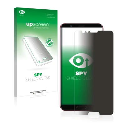 Face avant d’un emballage produit avec le logo de la marque upscreen. À côté, l’appareil Honor View 10 est représenté avec la