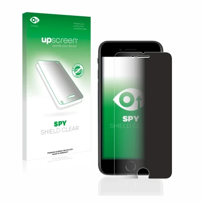 Face avant d’un emballage produit avec le logo de la marque upscreen. À côté, l’appareil Apple iPhone SE 2 2020 est représenté