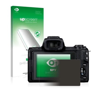 Face avant d’un emballage produit avec le logo de la marque upscreen. À côté, l’appareil Canon EOS M50 est représenté avec la