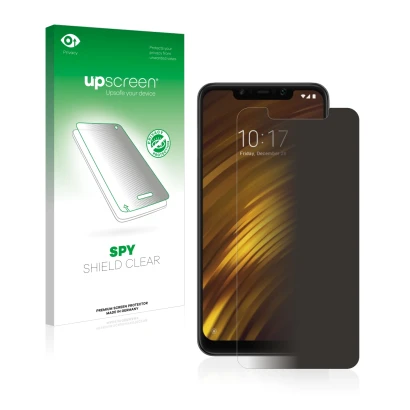 Face avant d’un emballage produit avec le logo de la marque upscreen. À côté, l’appareil Xiaomi Pocophone F1 est représenté av