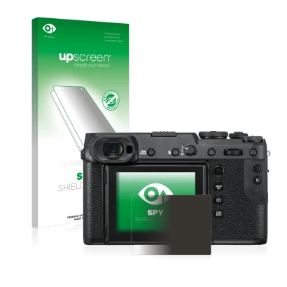 Face avant d’un emballage produit avec le logo de la marque upscreen. À côté, l’appareil Fujifilm GFX 50R est représenté avec 