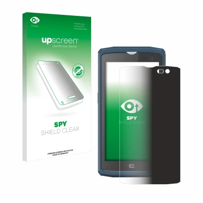 Face avant d’un emballage produit avec le logo de la marque upscreen. À côté, l’appareil Crosscall Core X3 est représenté avec