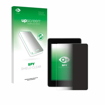 Face avant d’un emballage produit avec le logo de la marque upscreen. À côté, l’appareil Amazon Kindle Paperwhite 2018 (10ème 