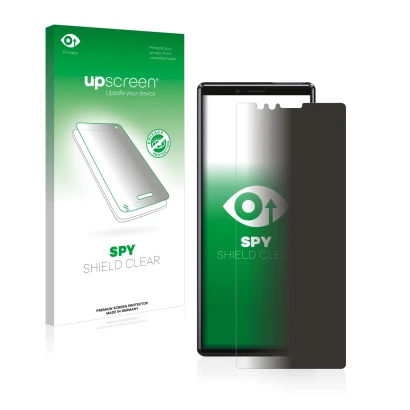 Face avant d’un emballage produit avec le logo de la marque upscreen. À côté, l’appareil Sony Xperia 1 est représenté avec la 