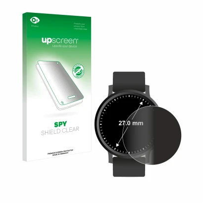 Face avant d’un emballage produit avec le logo de la marque upscreen. À côté, l’appareil Circulaire Displays (ø: 27 mm) est re