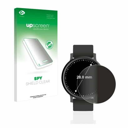 Face avant d’un emballage produit avec le logo de la marque upscreen. À côté, l’appareil Circulaire Displays (ø: 28 mm) est re