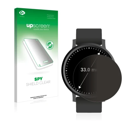 Face avant d’un emballage produit avec le logo de la marque upscreen. À côté, l’appareil Circulaire Displays (ø: 33 mm) est re