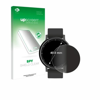 Face avant d’un emballage produit avec le logo de la marque upscreen. À côté, l’appareil Circulaire Displays (ø: 40 mm) est re