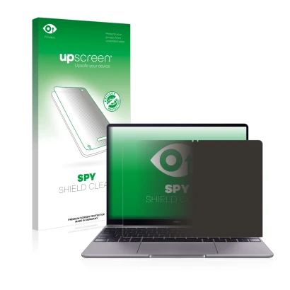 Face avant d’un emballage produit avec le logo de la marque upscreen. À côté, l’appareil Huawei MateBook 13 2019 est représent