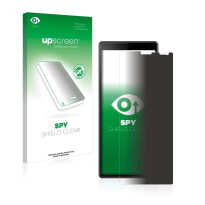 Face avant d’un emballage produit avec le logo de la marque upscreen. À côté, l’appareil Sony Xperia 10 est représenté avec la