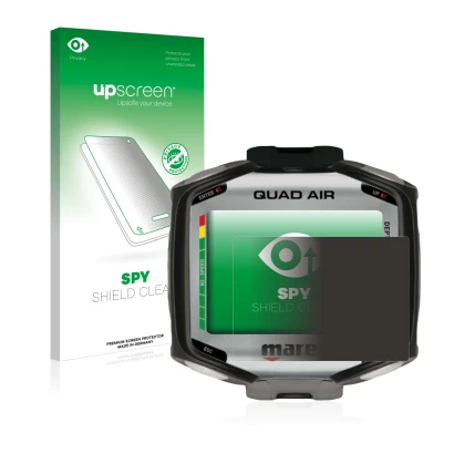 Face avant d’un emballage produit avec le logo de la marque upscreen. À côté, l’appareil Mares Quad Air est représenté avec la