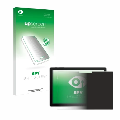 Face avant d’un emballage produit avec le logo de la marque upscreen. À côté, l’appareil Microsoft Surface Pro 7 est représent