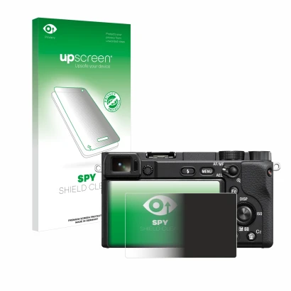 Face avant d’un emballage produit avec le logo de la marque upscreen. À côté, l’appareil Sony Alpha 6100 est représenté avec l