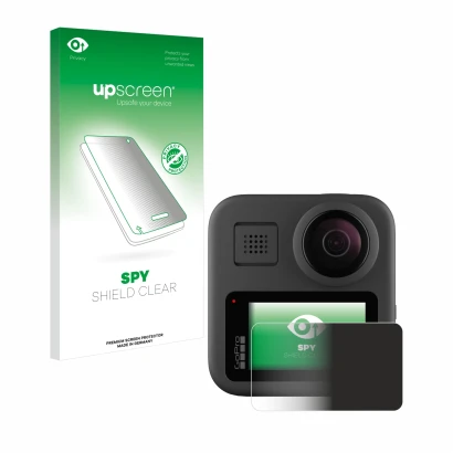 Face avant d’un emballage produit avec le logo de la marque upscreen. À côté, l’appareil GoPro Max est représenté avec la prot