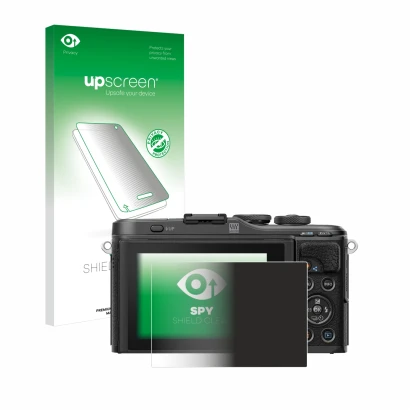 Face avant d’un emballage produit avec le logo de la marque upscreen. À côté, l’appareil Olympus PEN E-PL10 est représenté ave