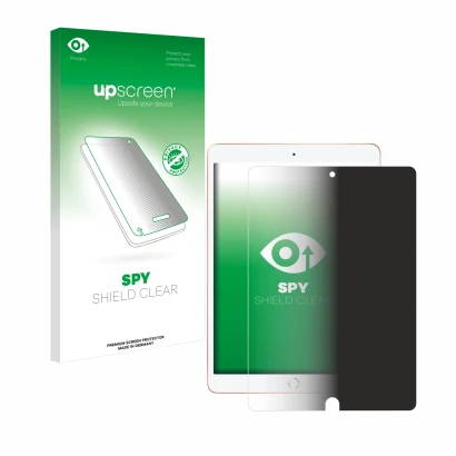 Face avant d’un emballage produit avec le logo de la marque upscreen. À côté, l’appareil Apple iPad 10.2" WiFi 2019 (7ème Gen.