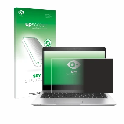 Face avant d’un emballage produit avec le logo de la marque upscreen. À côté, l’appareil HP EliteBook 840 G6 est représenté av