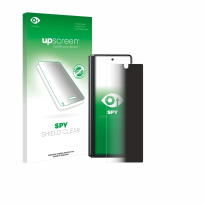 Face avant d’un emballage produit avec le logo de la marque upscreen. À côté, l’appareil Samsung Galaxy Z Fold 2 5G est représ