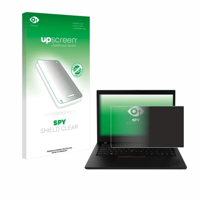 Face avant d’un emballage produit avec le logo de la marque upscreen. À côté, l’appareil Lenovo ThinkPad L490 est représenté a