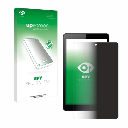 Face avant d’un emballage produit avec le logo de la marque upscreen. À côté, l’appareil Huawei MediaPad M5 Lite 8" est représ