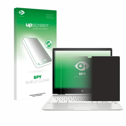 Face avant d’un emballage produit avec le logo de la marque upscreen. À côté, l’appareil HP Chromebook x360 12b-ca0005nf est r