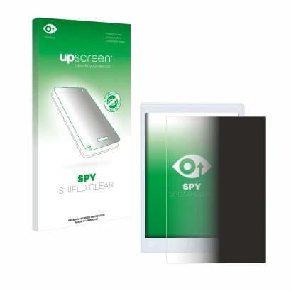 Face avant d’un emballage produit avec le logo de la marque upscreen. À côté, l’appareil reMarkable 2 est représenté avec la p