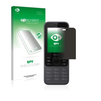 Face avant d’un emballage produit avec le logo de la marque upscreen. À côté, l’appareil Nokia 6300 2020 est représenté avec l