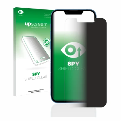 Face avant d’un emballage produit avec le logo de la marque upscreen. À côté, l’appareil Apple iPhone 13 mini est représenté a