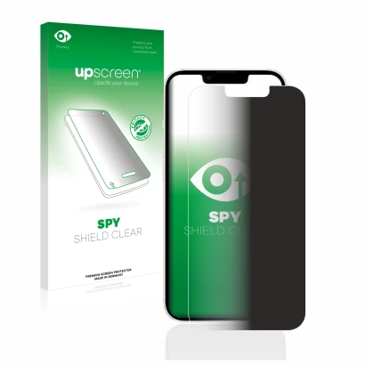 Face avant d’un emballage produit avec le logo de la marque upscreen. À côté, l’appareil Apple iPhone 13 est représenté avec l