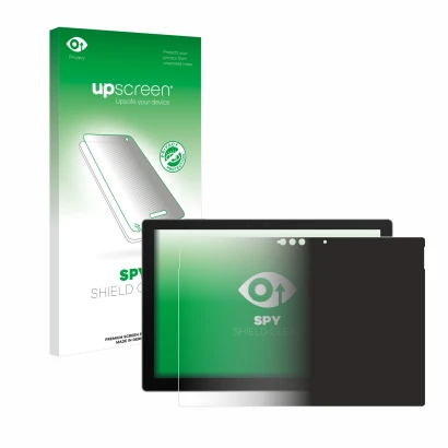 Face avant d’un emballage produit avec le logo de la marque upscreen. À côté, l’appareil Microsoft Surface Pro 7 Plus est repr
