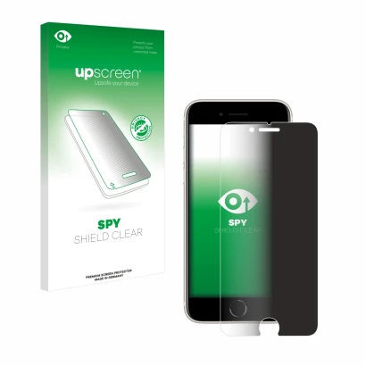 Face avant d’un emballage produit avec le logo de la marque upscreen. À côté, l’appareil Apple iPhone SE 3 2022 est représenté