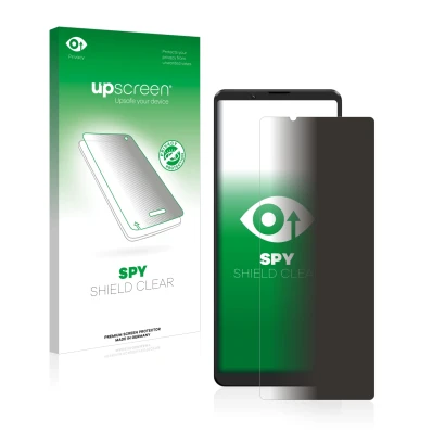 Face avant d’un emballage produit avec le logo de la marque upscreen. À côté, l’appareil Sony Xperia 1 III est représenté avec