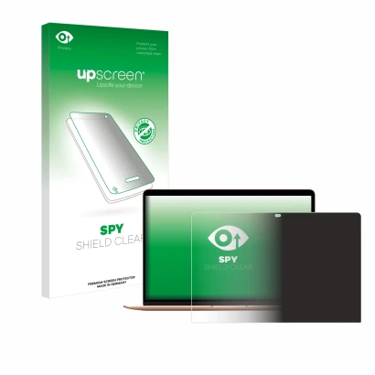 Face avant d’un emballage produit avec le logo de la marque upscreen. À côté, l’appareil Apple MacBook Air M1 2020 est représe