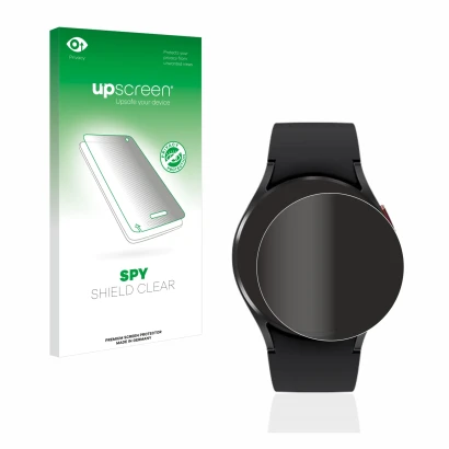 Face avant d’un emballage produit avec le logo de la marque upscreen. À côté, l’appareil Samsung Galaxy Watch 4 (40mm) est rep