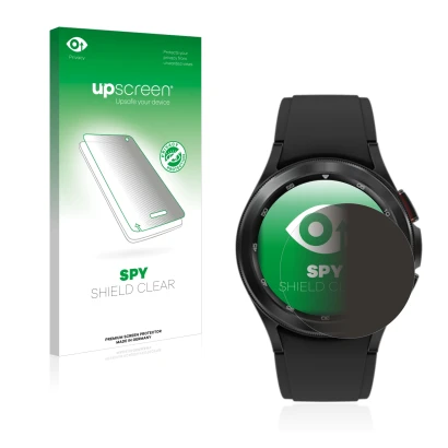 Face avant d’un emballage produit avec le logo de la marque upscreen. À côté, l’appareil Samsung Galaxy Watch 4 Classic (42mm)
