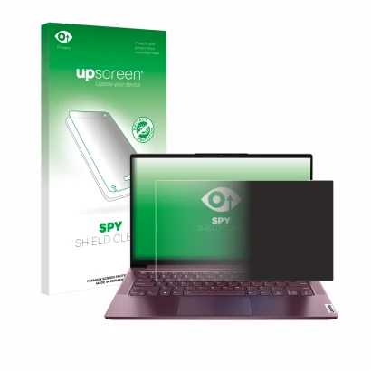 Face avant d’un emballage produit avec le logo de la marque upscreen. À côté, l’appareil Lenovo Yoga Slim 7 14" Non-Touch est