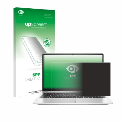 Face avant d’un emballage produit avec le logo de la marque upscreen. À côté, l’appareil HP ProBook 450 G8 est représenté avec