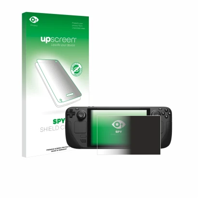 Face avant d’un emballage produit avec le logo de la marque upscreen. À côté, l’appareil Valve Steam Deck est représenté avec