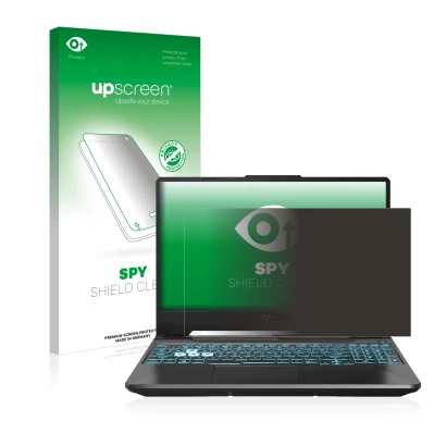 Face avant d’un emballage produit avec le logo de la marque upscreen. À côté, l’appareil ASUS TUF Gaming A15 est représenté av