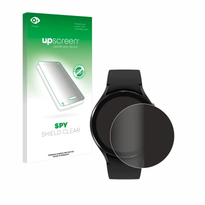 Face avant d’un emballage produit avec le logo de la marque upscreen. À côté, l’appareil Samsung Galaxy Watch 4 (44mm) est rep