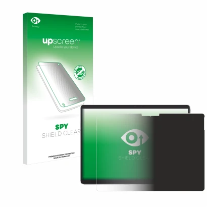 Face avant d’un emballage produit avec le logo de la marque upscreen. À côté, l’appareil Microsoft Surface Pro 8 (2021) est re