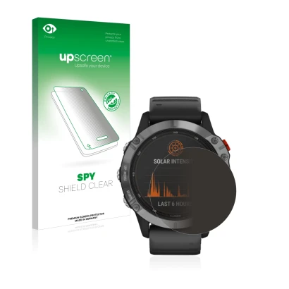 Face avant d’un emballage produit avec le logo de la marque upscreen. À côté, l’appareil Garmin Fenix 6 Solar est représenté a