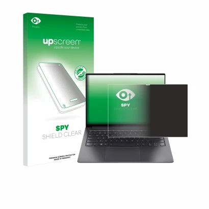 Face avant d’un emballage produit avec le logo de la marque upscreen. À côté, l’appareil Lenovo Yoga Slim 7 Pro 14" est représ