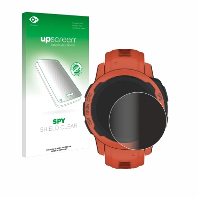 Face avant d’un emballage produit avec le logo de la marque upscreen. À côté, l’appareil Garmin Instinct 2S est représenté ave