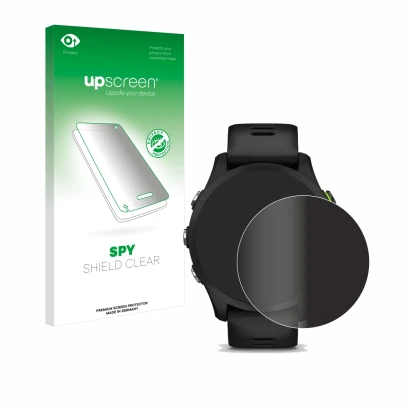 Face avant d’un emballage produit avec le logo de la marque upscreen. À côté, l’appareil Garmin Forerunner 255 est représenté 