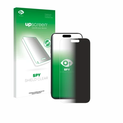 Face avant d’un emballage produit avec le logo de la marque upscreen. À côté, l’appareil Apple iPhone 14 Pro Max est représent
